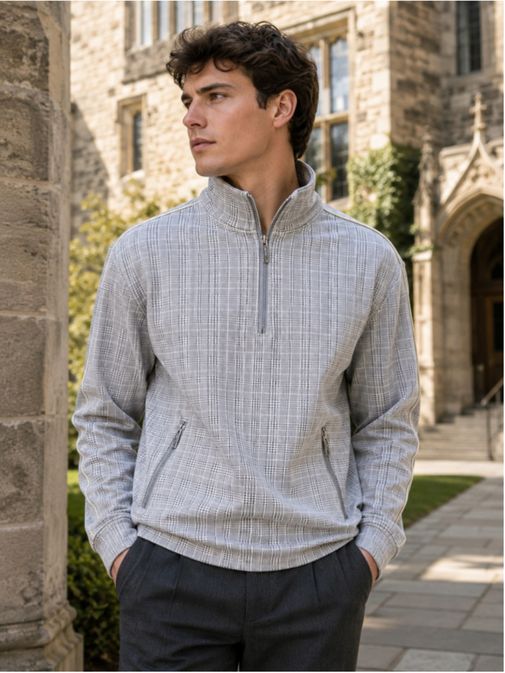 Maniere De Voir Sweater Men S Plaid Quarter Zip Glen Plaid Preppy Old Money Gray